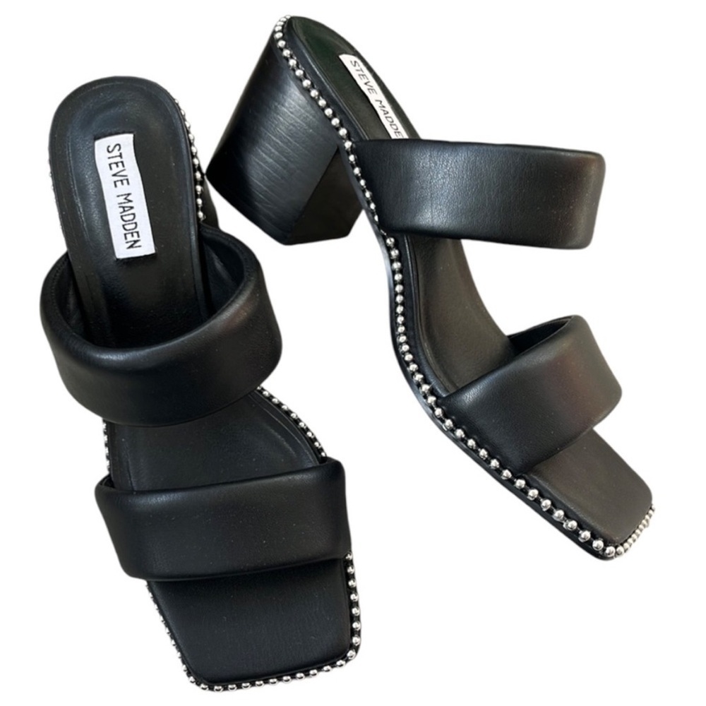 EUC Steve Madden Harper Heeled Studded Sandals Black Silver Size 9.5